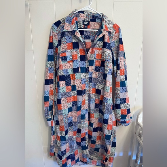 Lands End Long Sleeve Shirt Dress Patchwork Blue Linen Belted Preppy Casual - Picture 3 of 7